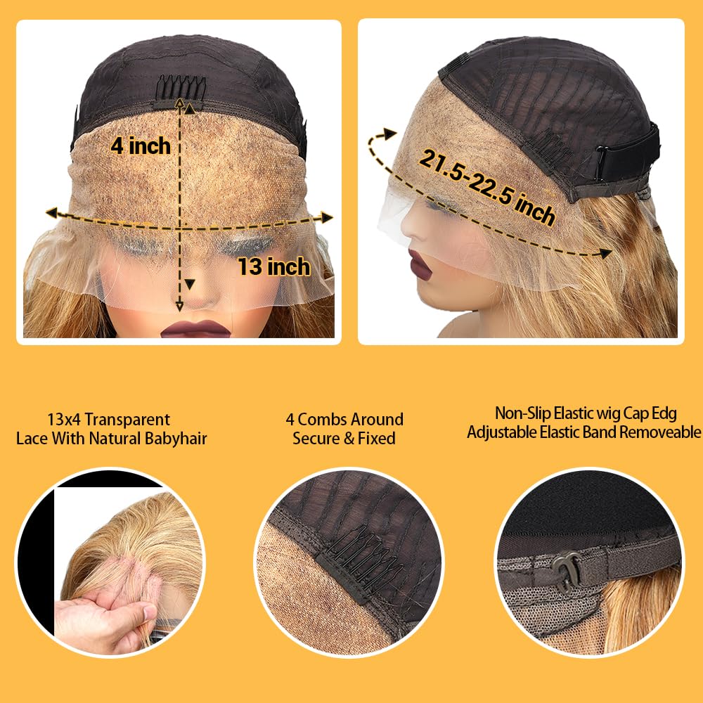 SOSATISFY Body Wave Honey Blonde Wig Human Hair 13x4 Honey Blonde HD Lace Front Wig Human Hair 200% Density 27# Colored Human Hair Wigs Pre Plucked with Baby Hair (18 inch)
