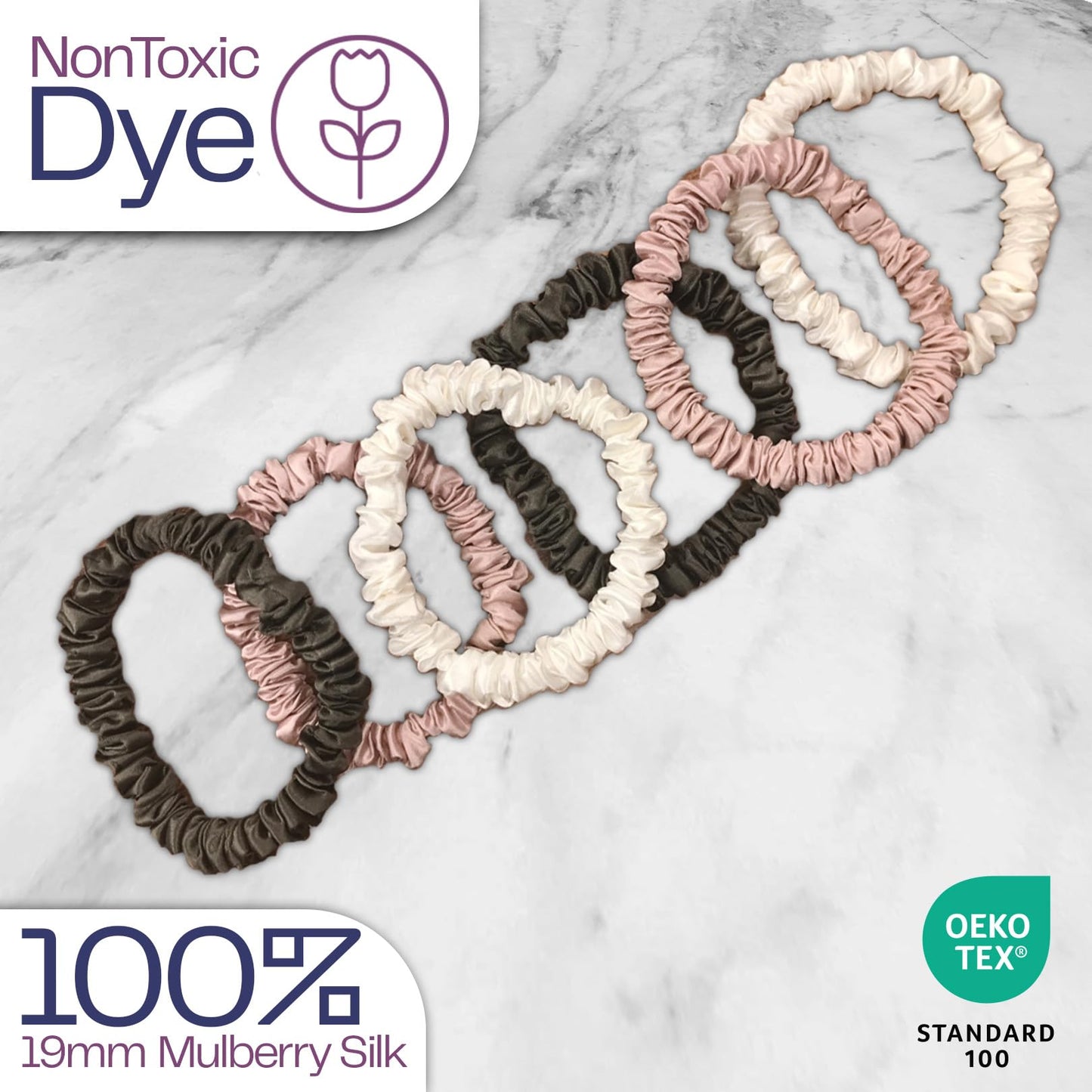 Celestial Silk Mini Scrunchies Small Mulberry Silk Scrunchy Hair Ties 22 Momme Skinny Silk Ponytail Holder, Gentle on Hair, Less Pulling, Breakage - 6 Pack (Charcoal, Pink, Ivory)