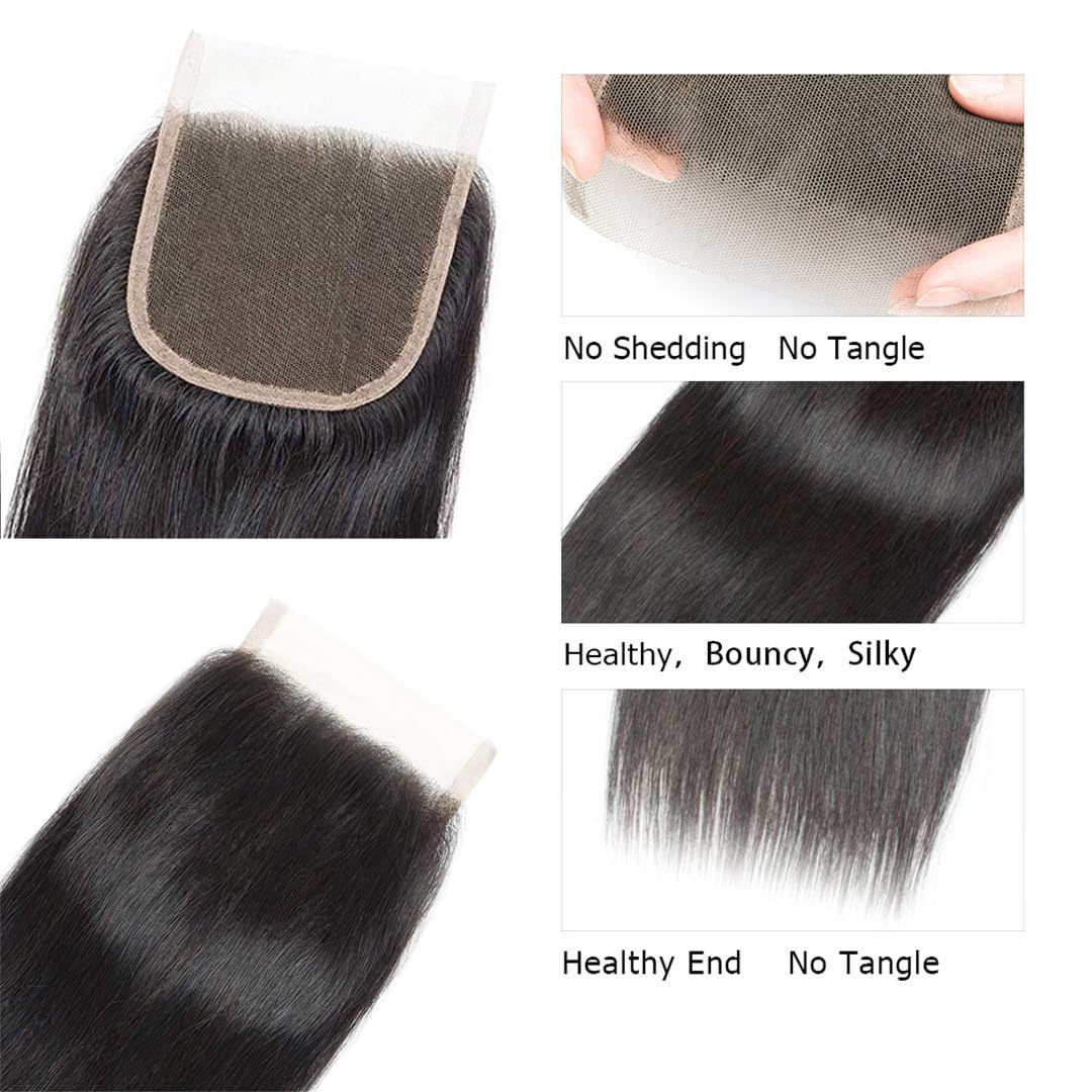 Straight Closure 4x4 6 Inch Hd Transparent 44 Lace Closure Human Hair Only 12a 100% Unprocessed Brazilian Virgin Remy 150% Density Free Part Pre Plucked With Baby Hair Natural Black