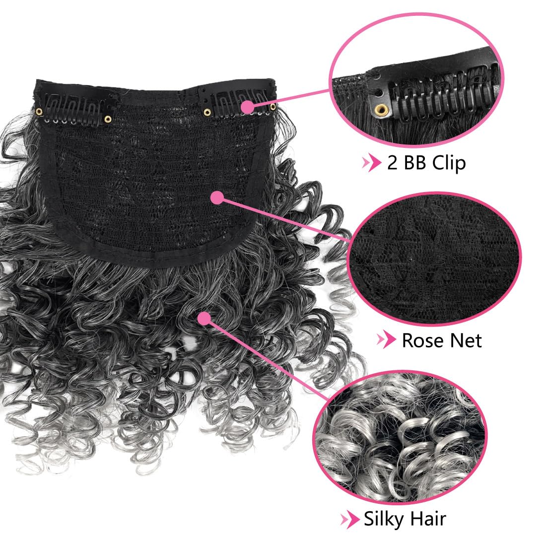 UAmy hair Spring Curl Bangs for Black Women Replaceable Curly Bangs with 2 BB Clips in Hairpieces Synthetic Curly Bangs for Daily Wear(T1B/Gray)