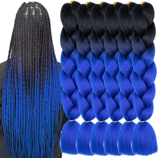 TENGSHUO FLY Black to Blue Braiding Hair 6 Packs Synthetic Braid Hair Extensions Jumbo Ombre Braiding Hair 24 Inch or Box Braids Twist Crochet Braids(24"6Pack,Black to Blue)