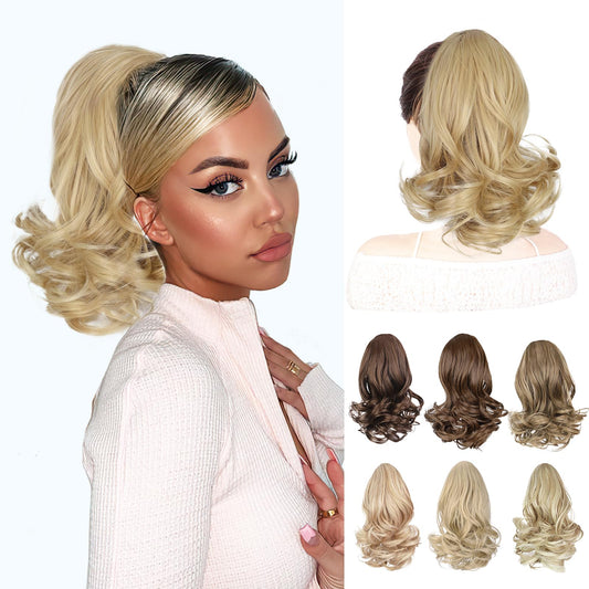 AISI BEAUTY Blonde Ponytail Extension Short Curly Wavy Drawstring Ponytail for Women Synthetic Pony Tail Hair Extensions(11 Inches)