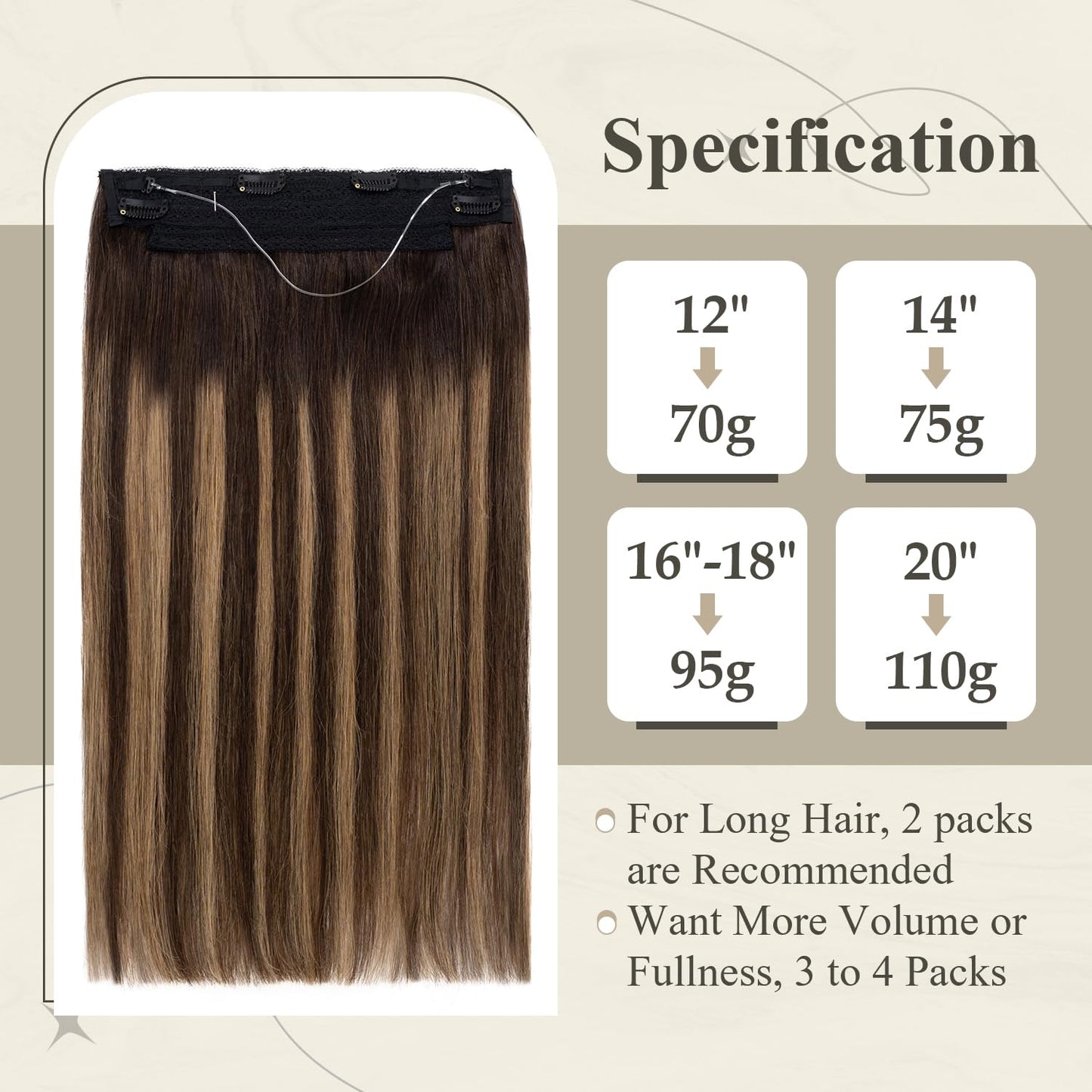 SLEEKALON Invisible Wire Hair Extensions Real Human Hair 16 Inch Dark Brown to Light linen Mix Brown Halo Hair Extensions with Clips Adjustable Fish Line Wire Hair Extensions For Women 95g,#2T2P6