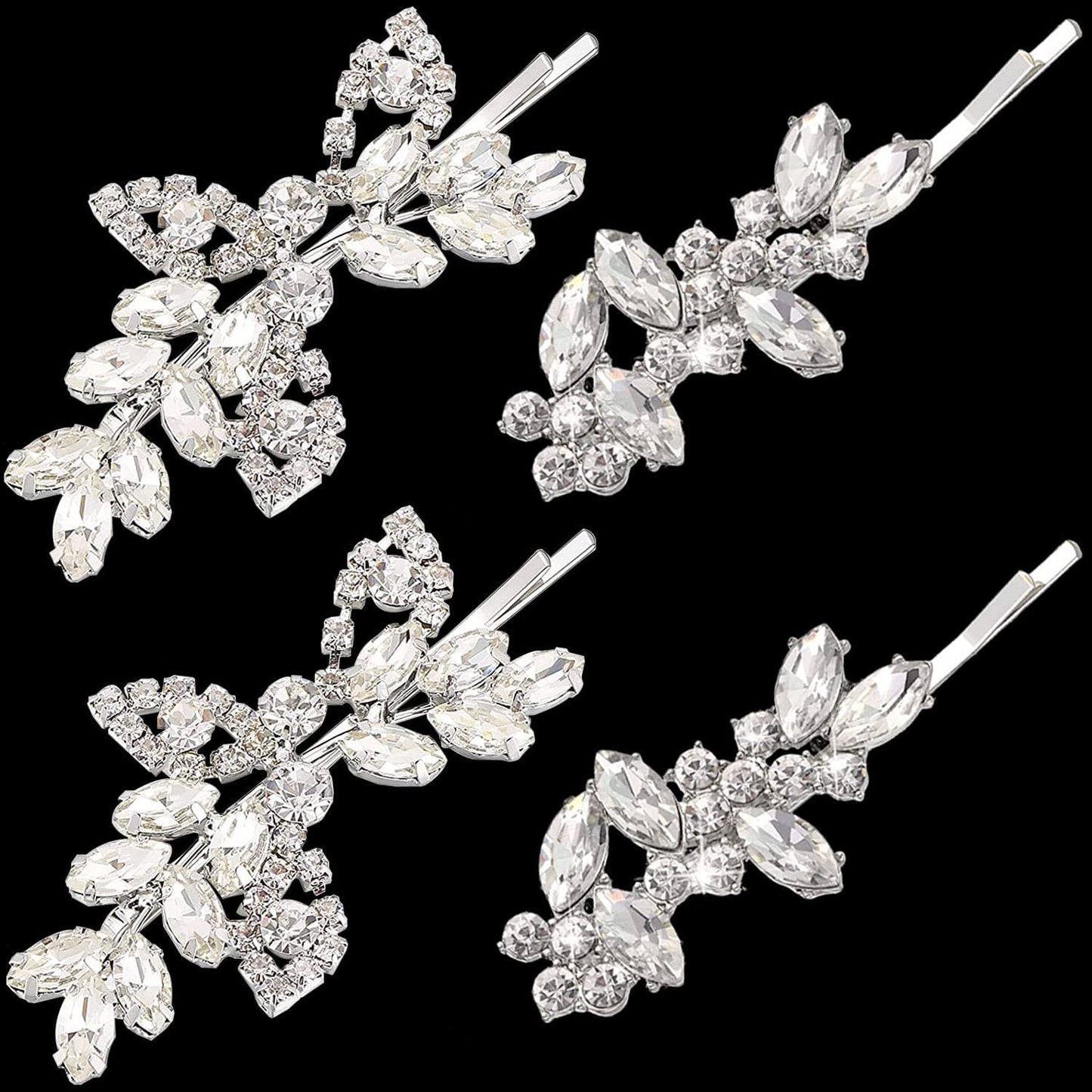 4 Pieces Bridal Hair Clips, Rhinestone Hair Accessories Leaf Wedding Hair Pins Crystal Bobby Pins Silver Hairpin Jewelry Barrette for Brides Bridesmaids Flower Girls (Elegant Type)