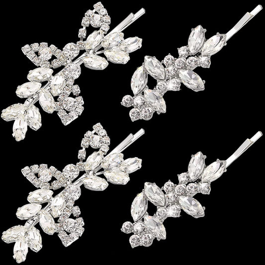 4 Pieces Bridal Hair Clips, Rhinestone Hair Accessories Leaf Wedding Hair Pins Crystal Bobby Pins Silver Hairpin Jewelry Barrette for Brides Bridesmaids Flower Girls (Elegant Type)