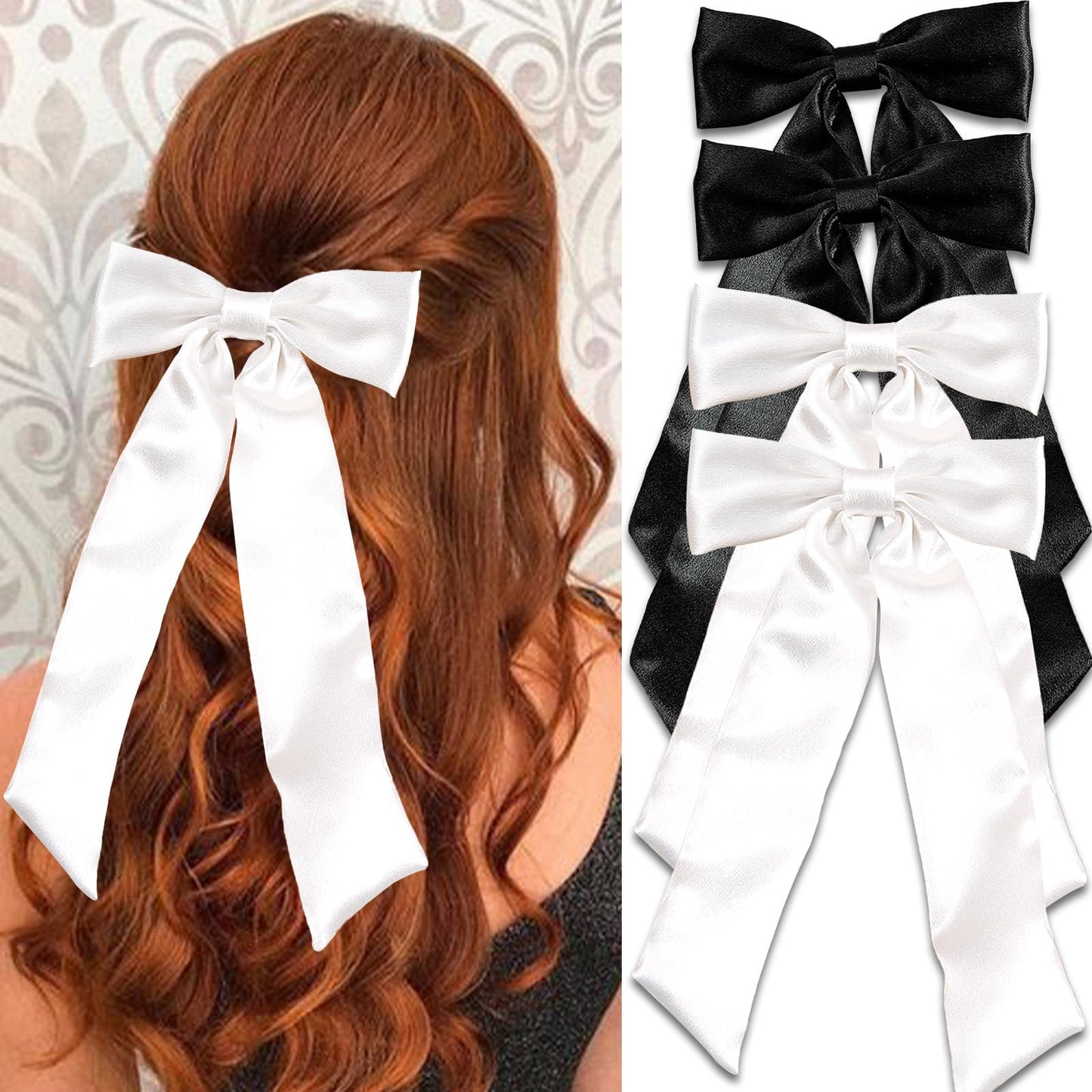 SAWINDA 4PCS Silky Satin Hair Bows for Women Black White Hair Ribbon Clip with Long Tail for Hair Daily Wear Wedding Party Prom Hair Bow Hair Accessories for Women Girls (Black*2&White*2)