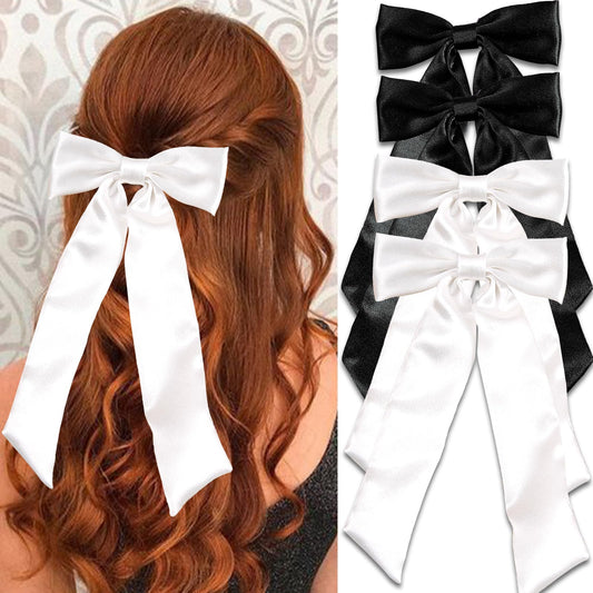 SAWINDA 4PCS Silky Satin Hair Bows for Women Black White Hair Ribbon Clip with Long Tail for Hair Daily Wear Wedding Party Prom Hair Bow Hair Accessories for Women Girls (Black*2&White*2)