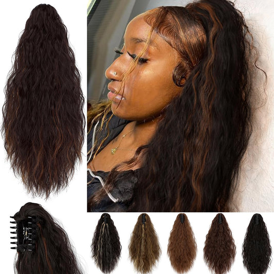 Yekartary Claw Clip Ponytail Extension for Women 18 Inch Long Wavy Multi Layered Hairpiece Fluffy Synthetic Hair Dark Brown mix Dark Blonde