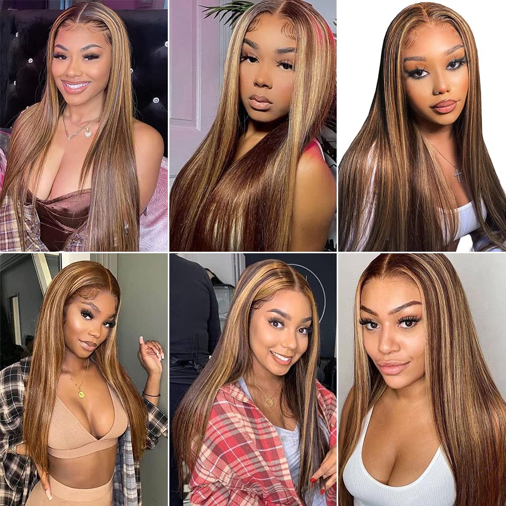 ALISFEEL 4x4 Highlight Lace Closure Wig Human Hair Lace Closure Human Hair Wigs for Black Women 4/27 HD Transparent Pre Plucked Lace Front Wig 180% Density Colored Brazilian Straight Wig (24 Inch)