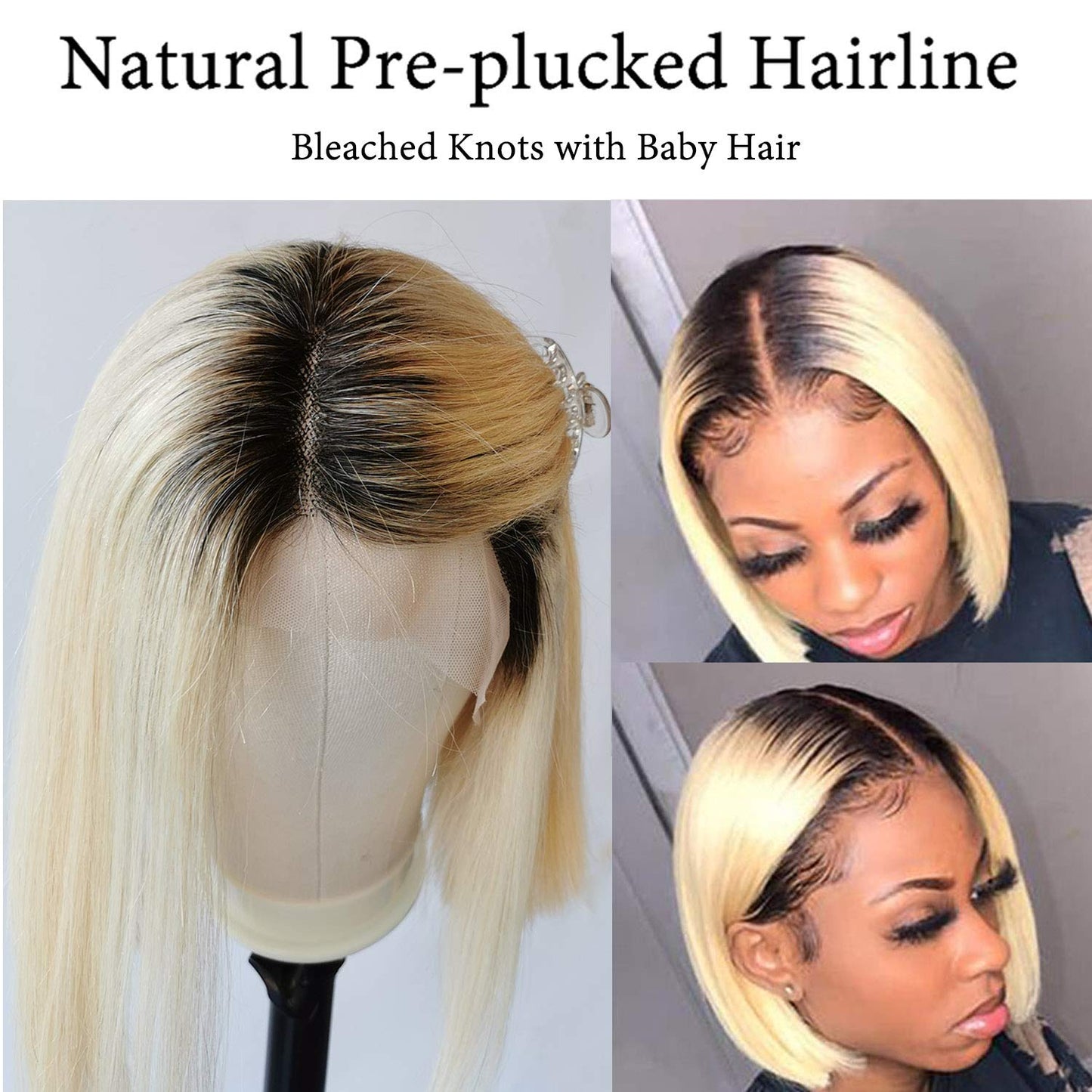 Ombre Blonde Bob Wigs 13x1x4 for Black Women Lace Front Wigs Human Hair Pre Plucked Lace Frontal Wig with Baby Hair (12 Inch, 1B/613 T-part)
