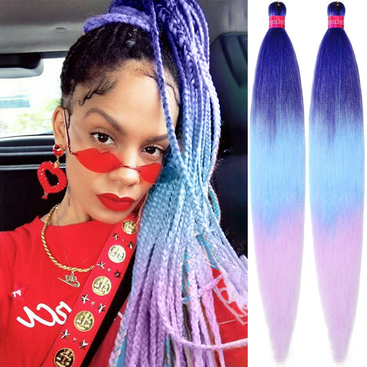 Ombre Purple-Light Blue-Lavender Pre Stretched Braiding Hair 30 Inch Braiding Hair 2 Packs Pre Feathered Hair Extensions Yaki Texture Braids Hair Easy to Use
