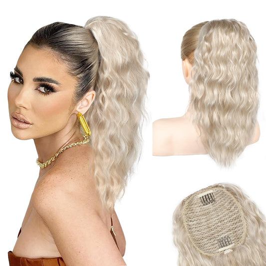 NTYNTY Ponytail Extension, 18" Super Lightweight Drawstring Ponytail Hair Extensions Natural Soft Synthetic Wavy Curly Pony Tail Hair Pieces for Women - Golden Blonde