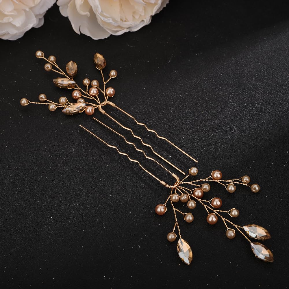 Teyglen 3pcs Crystal Pearl Bridal Hair Pins Pearl Bride Wedding Hair Pins Set for Bride Wedding Hair Accessories Handmade Red Black Champagne Pearl Hair Pieces for Women Bridesmaid Girls (Champagne)