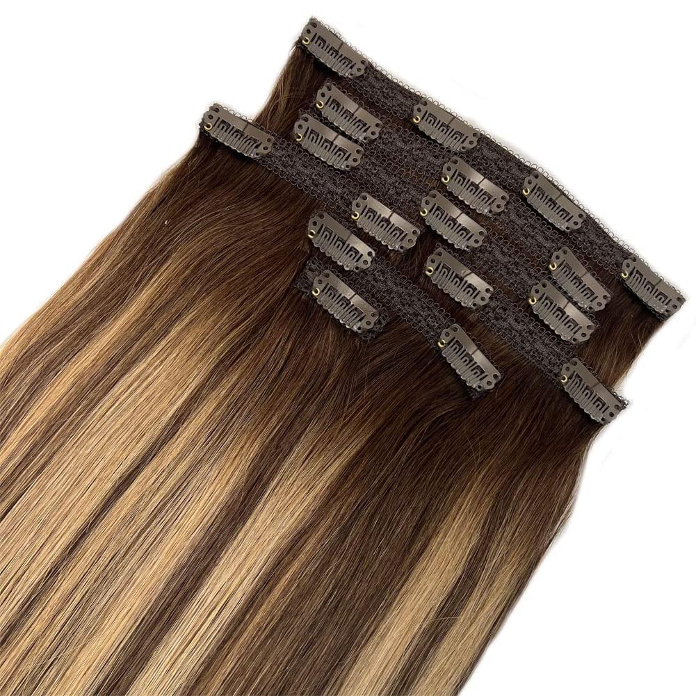 Brown Clip in Medium Length Real Human Hair Extensions 16 Inch Balayage Brown Hair Extensions Easy to Use with Clips 120g