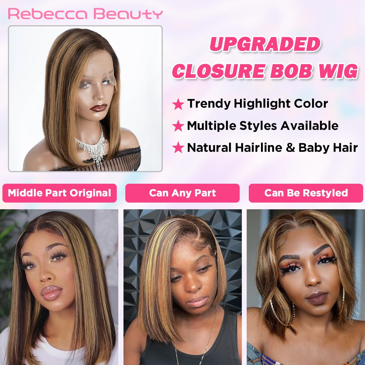 Rebecca Beauty Highlight Ombre Bob Lace Front Wigs Human Hair Upgraded 4x4 Closure Bob Wig 12 Inch Pre Plucked Short Straight Bob Wig for Black Women (Color TTPI4/27)