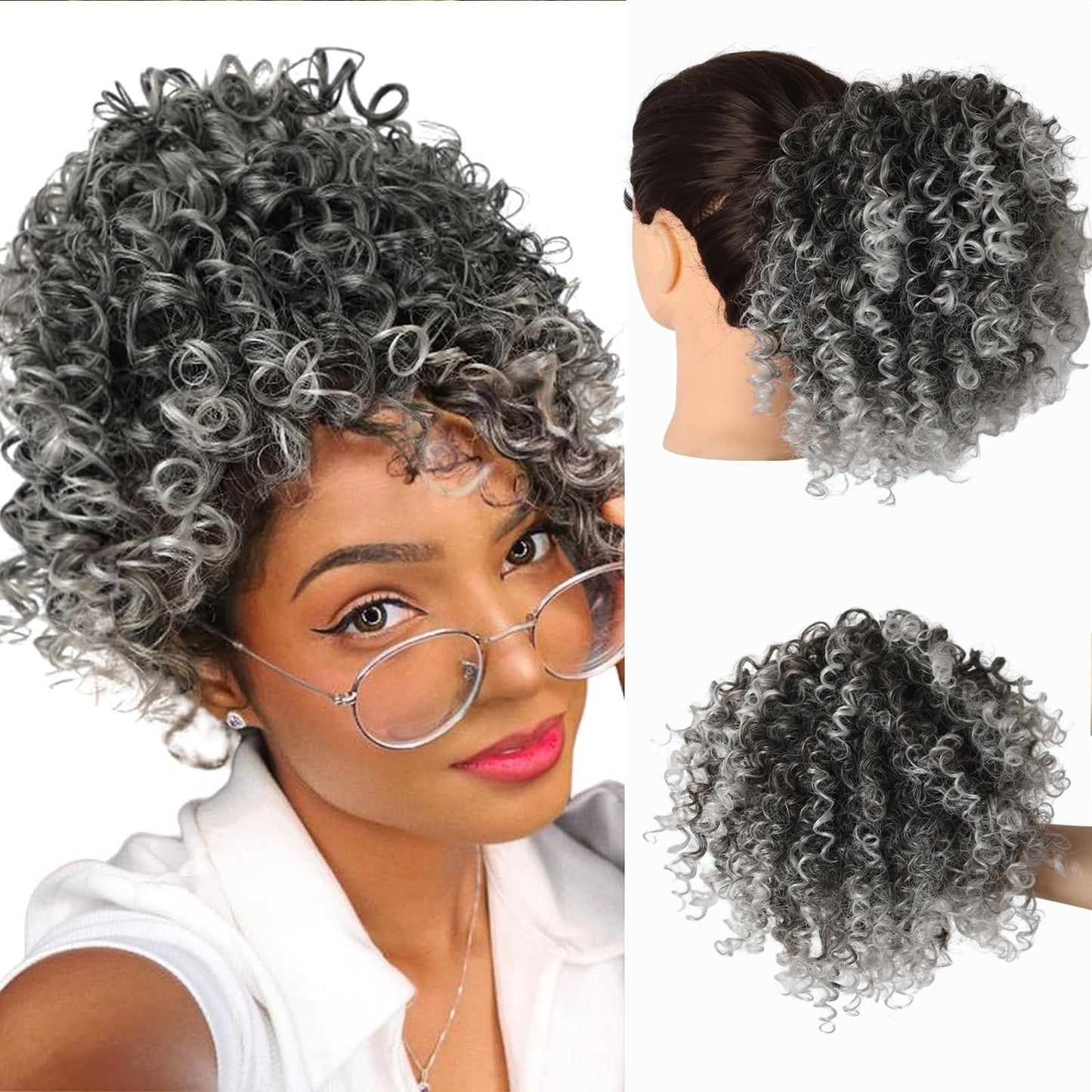 Short Gray kinky Curly Messy Bun Drawstring Ponytail for Black Women Afro Grey Ombre Curly Ponytail Extension Synthetic Messy Kinky Curly Afro Puff Drawstring Ponytail Fluffy Curly Ponytail 1B/Grey
