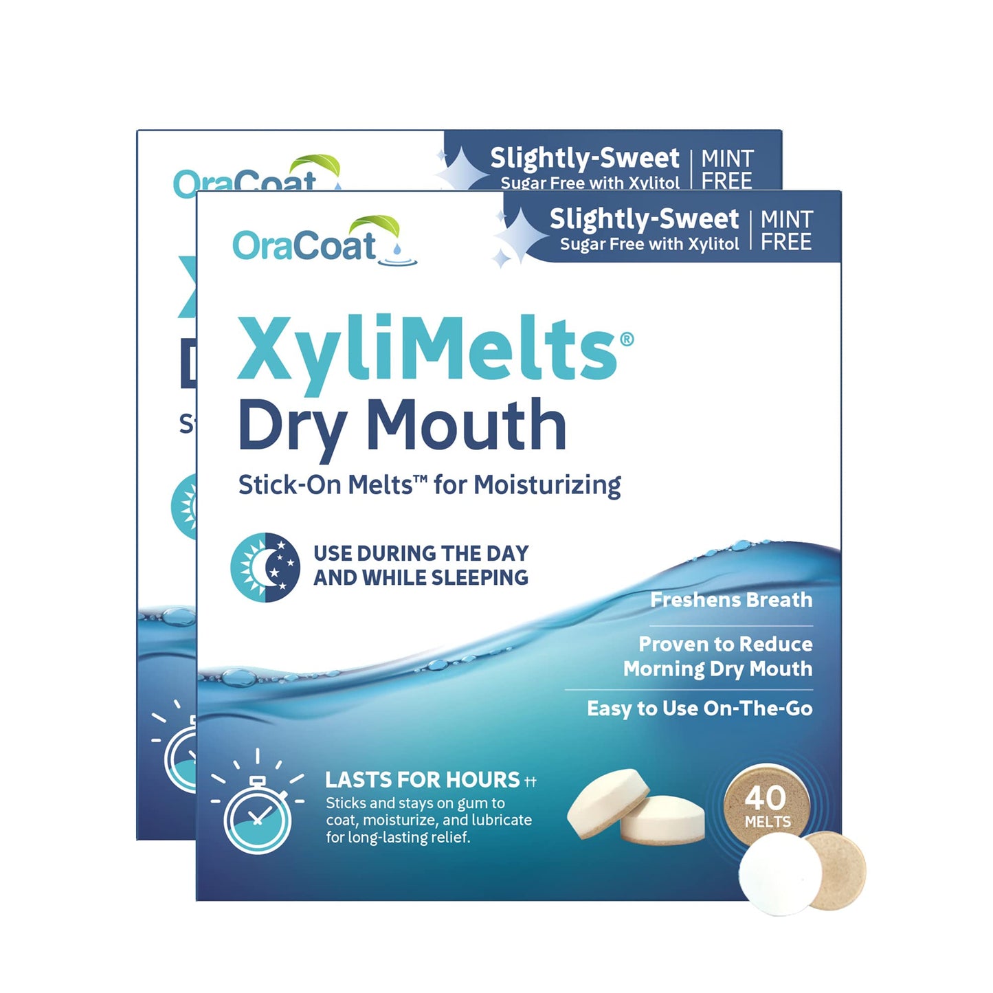 Oracoat XyliMelts Dry Mouth Relief Moisturizing Oral Adhering Discs 40 Count, 2 Pack, Slightly-Sweet with Xylitol, for Dry Mouth, Stimulates Saliva