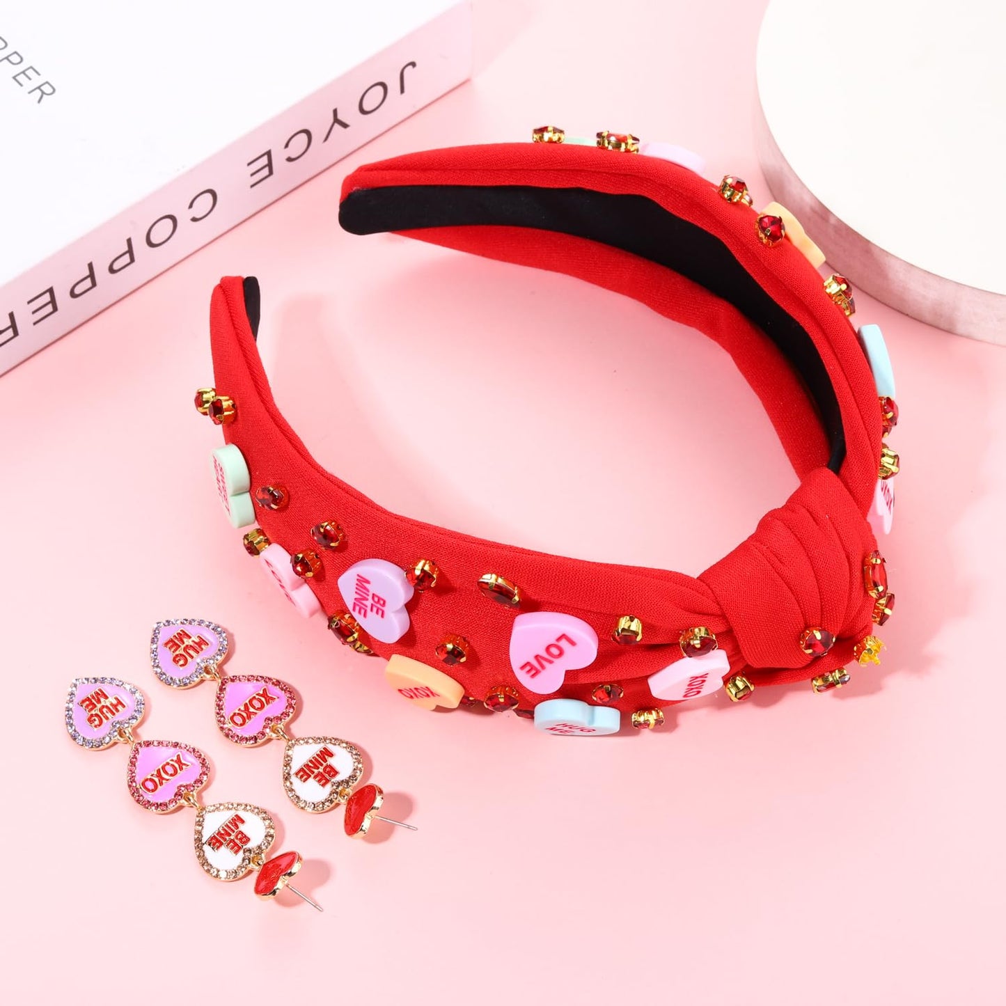 Valentine’s Day Headband for Women Love XOXO Heart Headbands Jeweled Conversation Heart Knotted Headband Pink Red Rhinestone Crystal Top Knot Headband Valentine’s Day Accessories Gifts (Red Set)