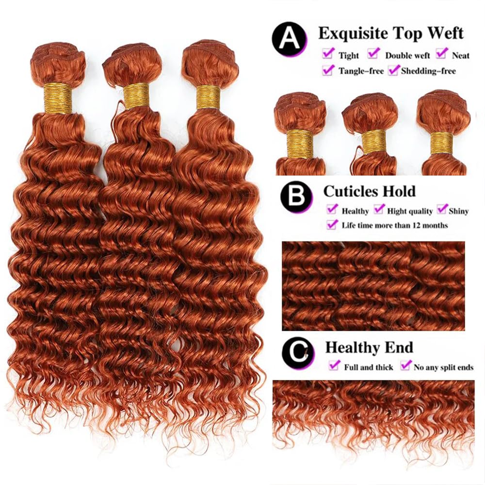 Burnt Orange Deep Curly Human Hair Bundles Color 350 Human Hair Bundles Double Weft Remy Hair Wet and Wavy Bundles Soft and Silky Ginger Deep Wave Bundles for Black Woman (14 16 18 inch,3 Bundles)