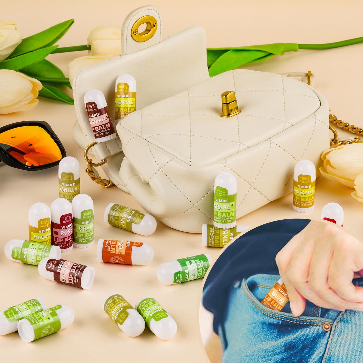 VISRIE Mini Lip Balm 40 Count, Lip Balm Bulk with Vitamin E & Coconut Oil, Moisturizing Lip Balm for Dry Cracked lips - 10 Flavors
