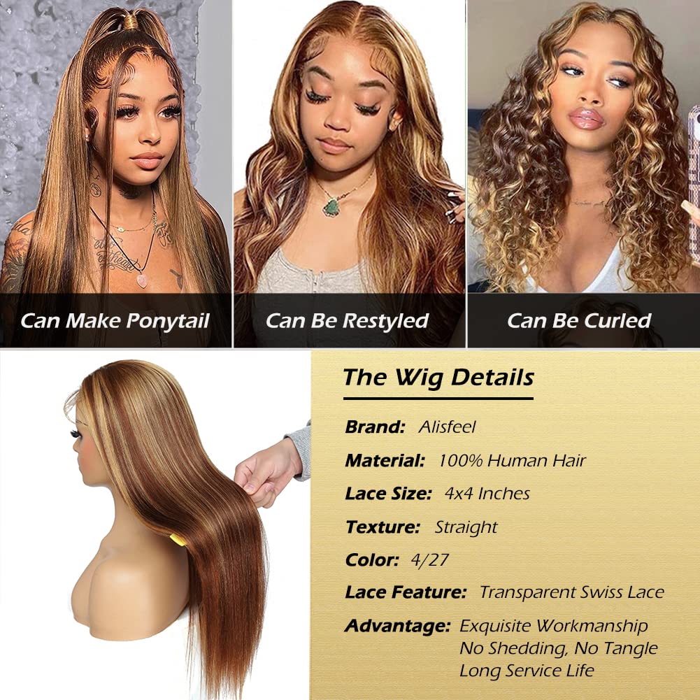 ALISFEEL 4x4 Highlight Lace Closure Wig Human Hair Lace Closure Human Hair Wigs for Black Women 4/27 HD Transparent Pre Plucked Lace Front Wig 180% Density Colored Brazilian Straight Wig (24 Inch)