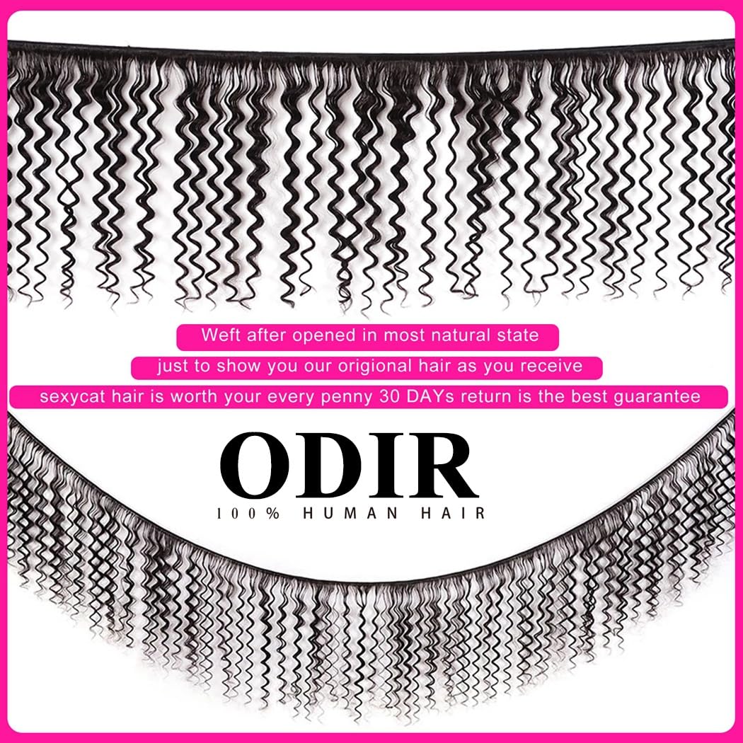 Odir Deep Wave Hair Bundles with 13x4 Frontal Brazilian Human Hair Deep Curly Hair 3 Bundles with Lace Frontal 14 16 18+12 Inch 9A Unprocessed Virgin Hair Natural Color