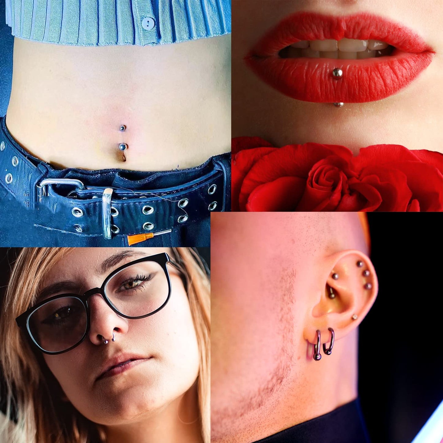 100PCS Piercing Kit 14G 16G Nose Septum Rings Jewelry for Belly Button Tongue Body Tools with 20PCS 12G Needle