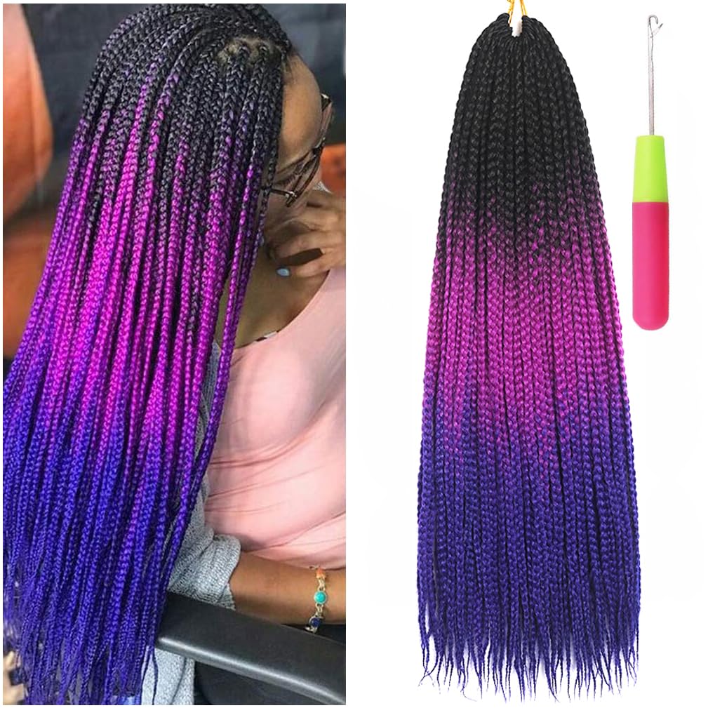 Box Braids Crochet Hair 24 Inch Prelooped Crochet Hair Extensions Hand Made 3 Packs Twist Crothet Braids Hair for Girls and Women Braiding Hair Extensions 22 Strands/Pack (Black-Purple Red-Blue)