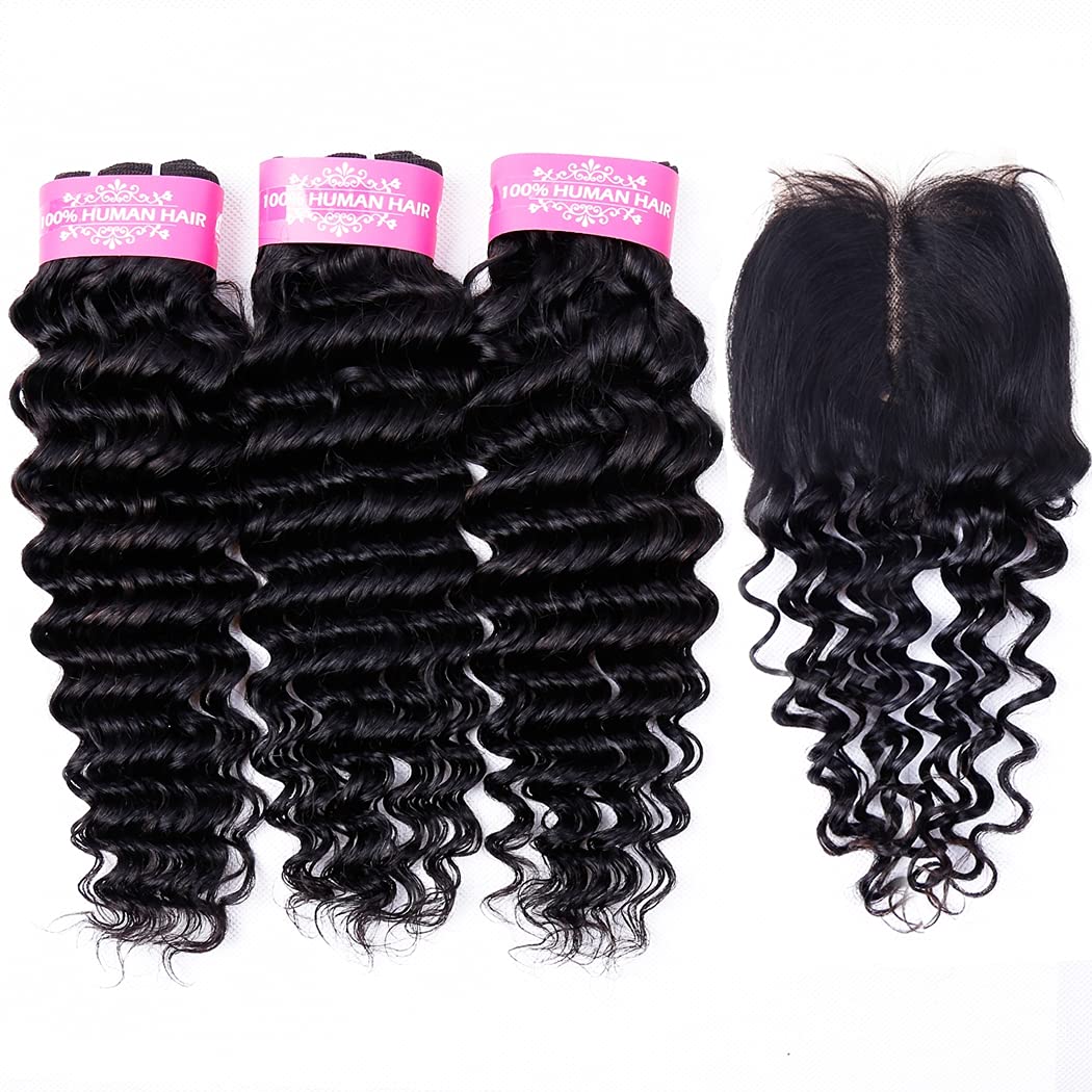 Odir Deep Wave Human Hair Bundles with Closure 10 12 14+10 Inch Unprocessed 9A Brazilian Deep Curly Wave Virgin Hair 3 Bundles with 4x4x1 T-Part Lace Closure Natural Color 70g/Bundle