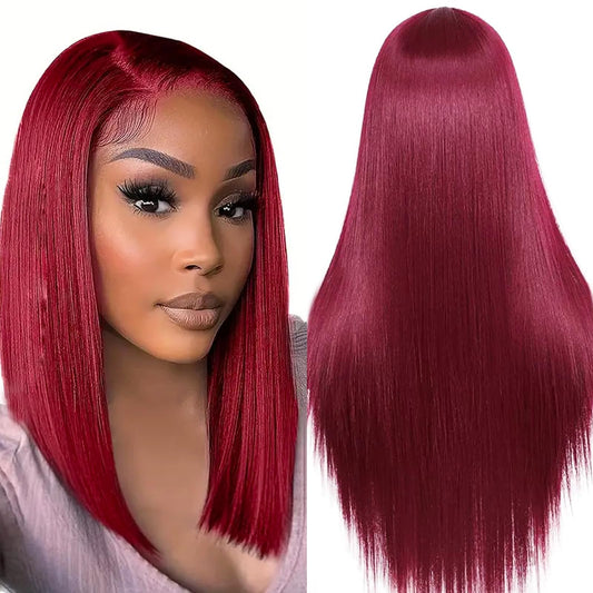 usmoother 99j Burgundy Straight HD Lace Front Human Hair 13x6 Lace Front Wigs Human Hair 200 Density Red Colored Pre Plucked Pre Cut Human Hair Wigs 18 Inch Burgundy Red Human Baby Hair For Women