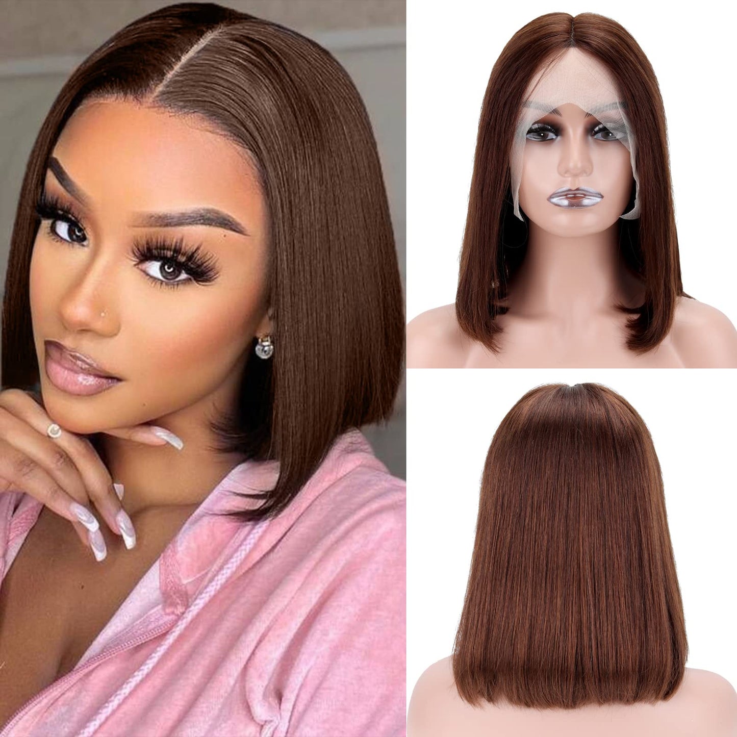 Bob Human Hair Wigs Short Straight Lace Front Wigs Cut Brown Short Curly Human Hair Wigs 180% Density Lace Front Wigs for Black Women Human Hair Plucked Pre Plucked With Baby Hair (4#, 14inch)
