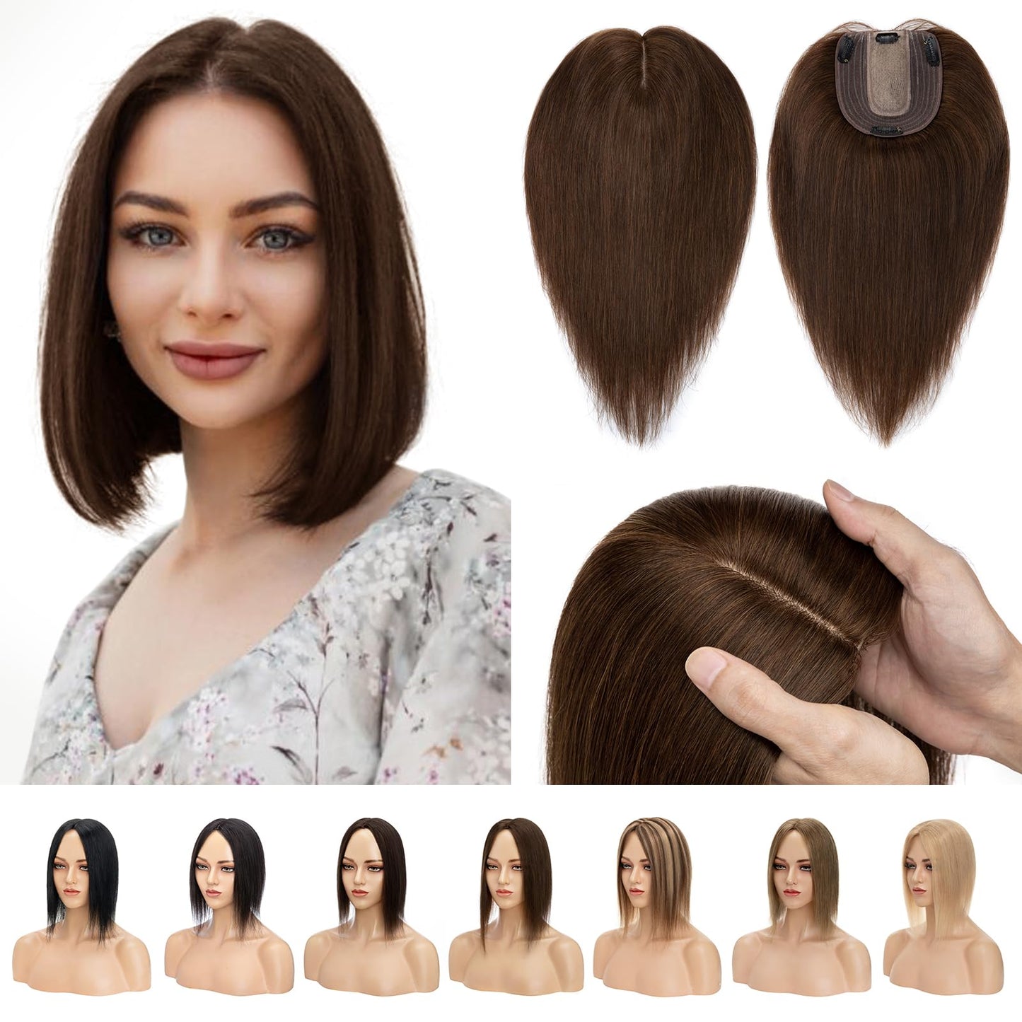 S-noilite Human Hair Toppers For Women 130% Density Hand Made Silk Base Clip in Topper Top Hair Pieces with Thinning Hair/Hair Loss Cover Gray Hair 14Inch 45g #4 Medium Brown