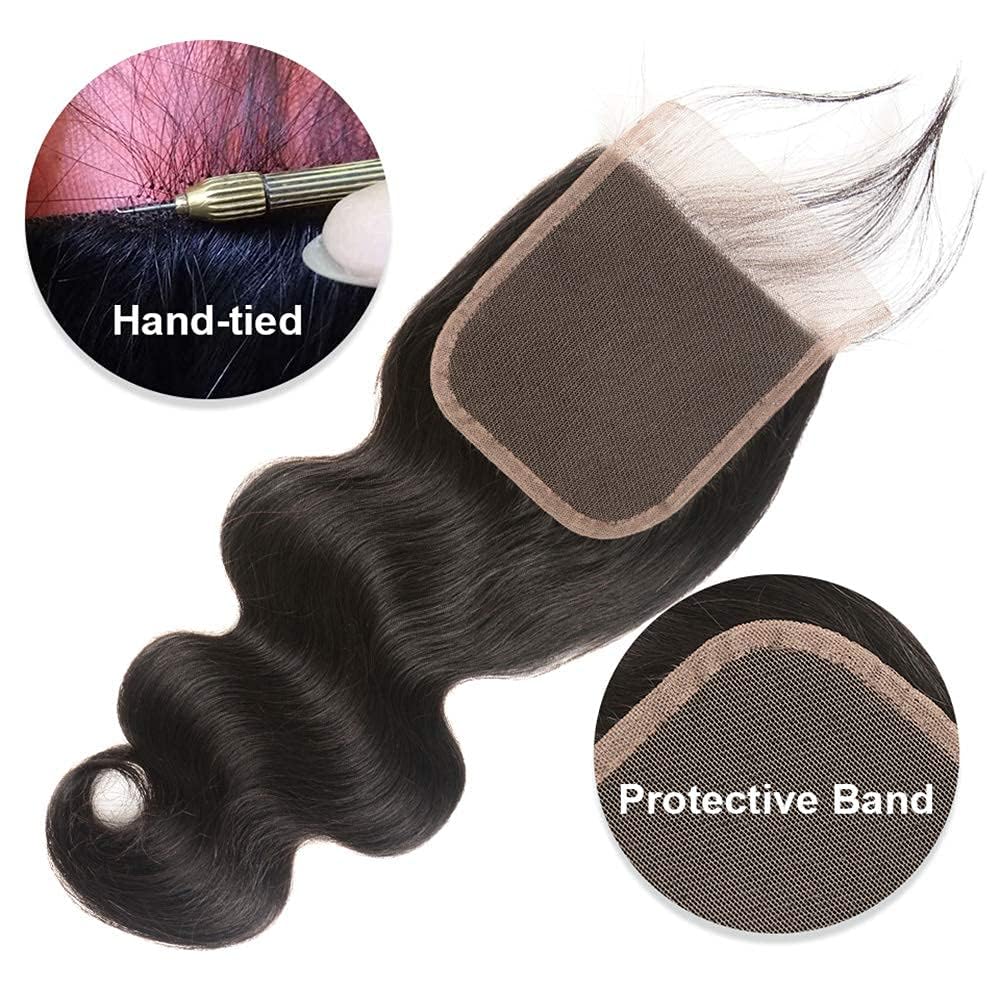 Brazilian Virgin Body Wave Bundles With Closure Three Part Unprocessed Virgin Human Hair Extension Hair Weave Bundles With Lace Closure 4X4 Natural Color (10 12 14+10 Inch)