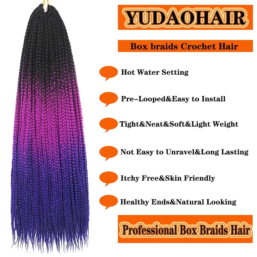 Box Braids Crochet Hair 24 Inch Prelooped Crochet Hair Extensions Hand Made 3 Packs Twist Crothet Braids Hair for Girls and Women Braiding Hair Extensions 22 Strands/Pack (Black-Purple Red-Blue)