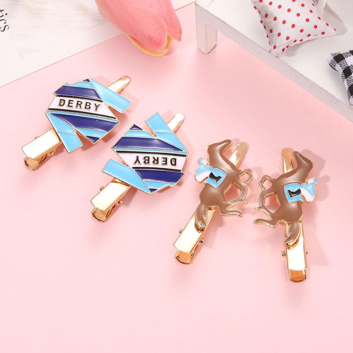 4PCS Kentucky Derby Hair Clips for Women Derby Riding Suit Horse Horseshoe Hairpins Kentucky Derby Hair Accessories Outfits Horse Racing Derby Fan Gifts (4PCS Blue&Brown)