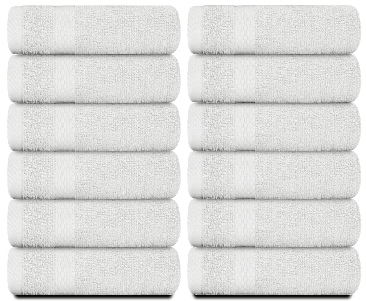 White Classic Luxury Cotton Washcloths - Large Hotel Spa Bathroom Face Towel | 12 Pack | Silver