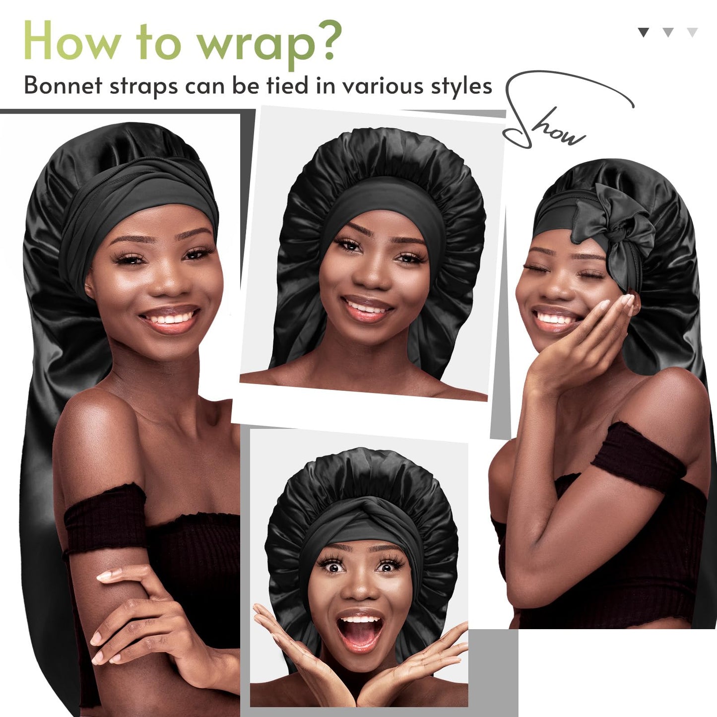 BONNET QUEEN Braid Bonnet Silk Bonnet Foldable Extra Long Bonnet for Braids Satin Bonnet for Sleeping Hair Bonnet with Tie Band Long Sleep Cap Black