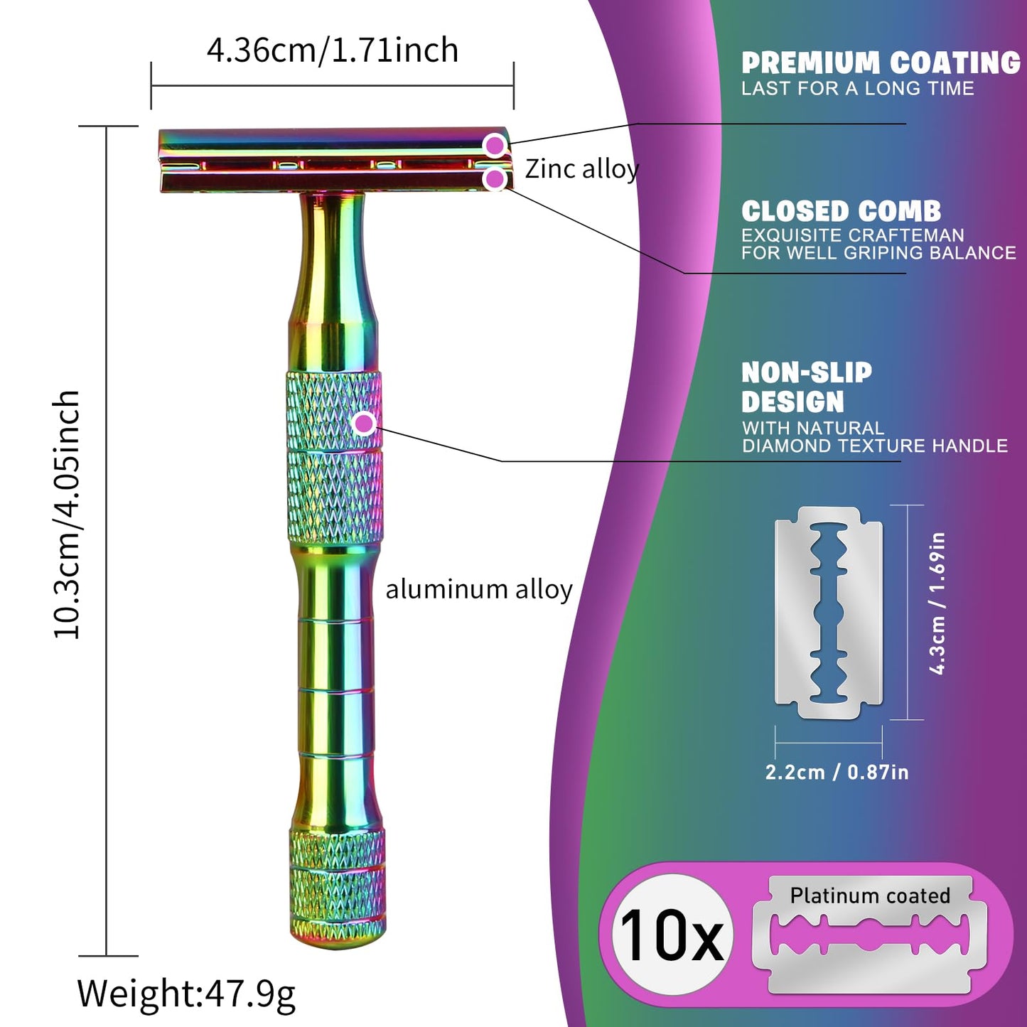 Safety Razor for Women and Men, Single Blade Razors for Men and Women, Reusable Metal Razors, with 10 Platinum Coated Safety Razor Blades, Face Razors for Men Shaving, Sustainable, Rainbow