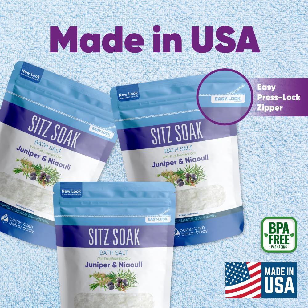 Sitz Bath Salt (3-Pack with Scoop) Hemorrhoid Soothing Sitz Soak Epsom Salt with Pure Essential Oils in BPA-Free Pouch with Easy Press Seal Made in USA with Bamboo Scoop, Three Pouches 6-Lbs Total