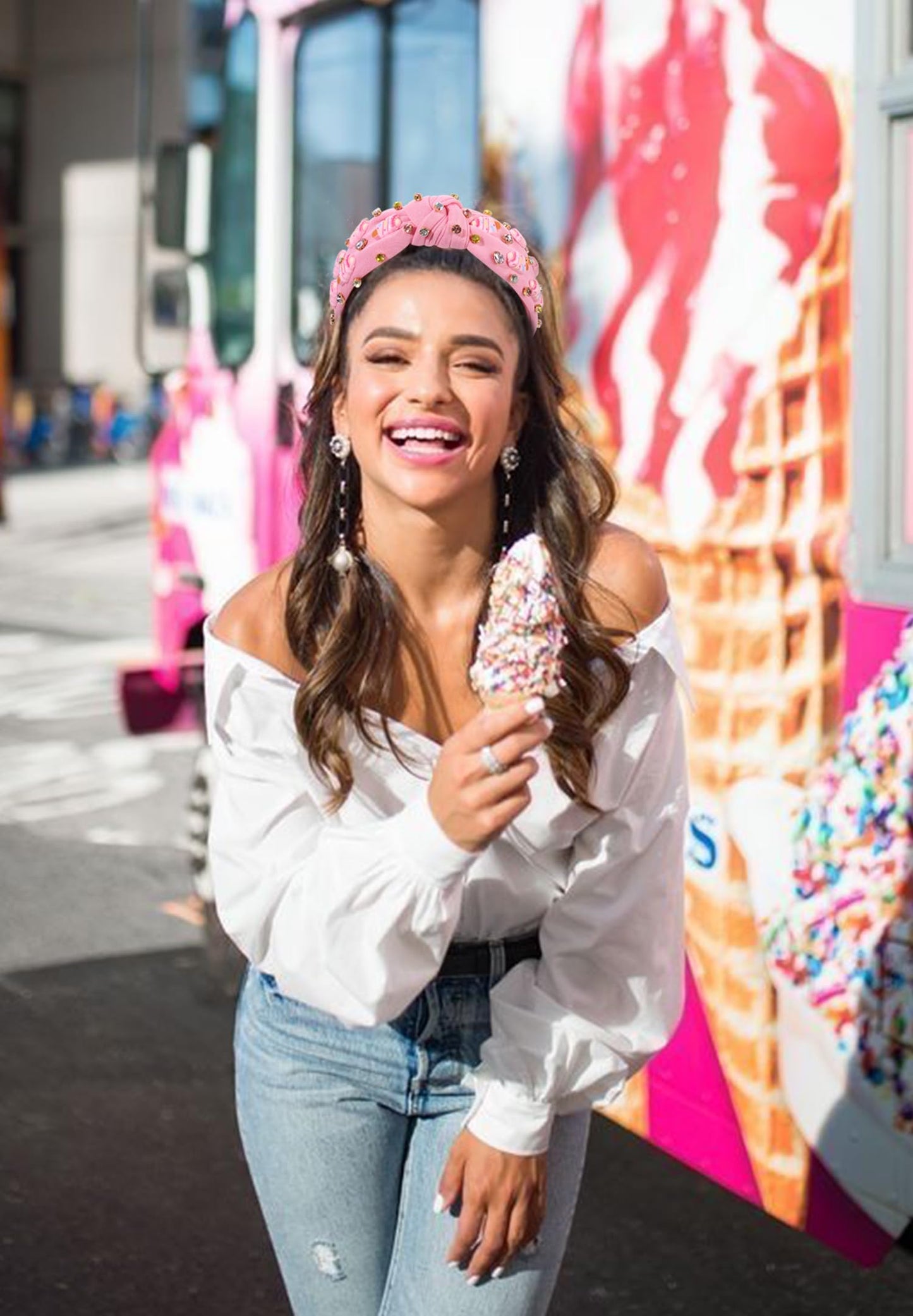 ZOLEAROPY Summer Ice Cream Knotted Headband Sparkle Rhinestone Jeweled Pink Wide Headband Cute Icecream Top Knot Headband Candy Birthday Party Headband