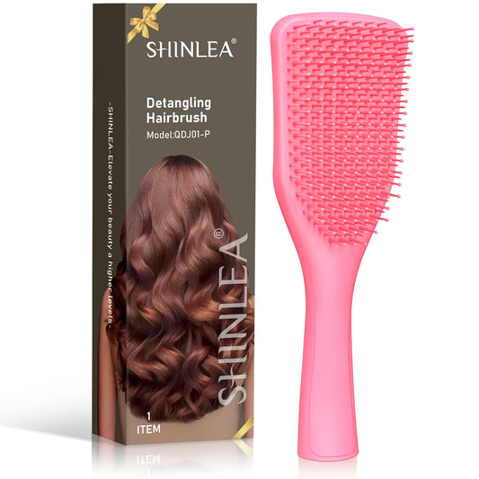 SHINLEA No Tangle Detangler Hair Brush for Wet & Dry Hair, Wave-shaped Soft Bristle Hairbrush for Reduces Breakage, Lightweight Travel Brush Detangling All Hair Types, Pink