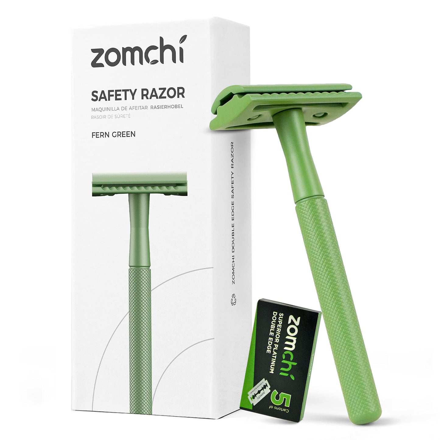 ZOMCHI Women Safety Razor with 5 Double Edge Safety Razor Blades, Metal Double Edge Razor, Single Blade Razor, Reusable & Plastic Free – Fern Green