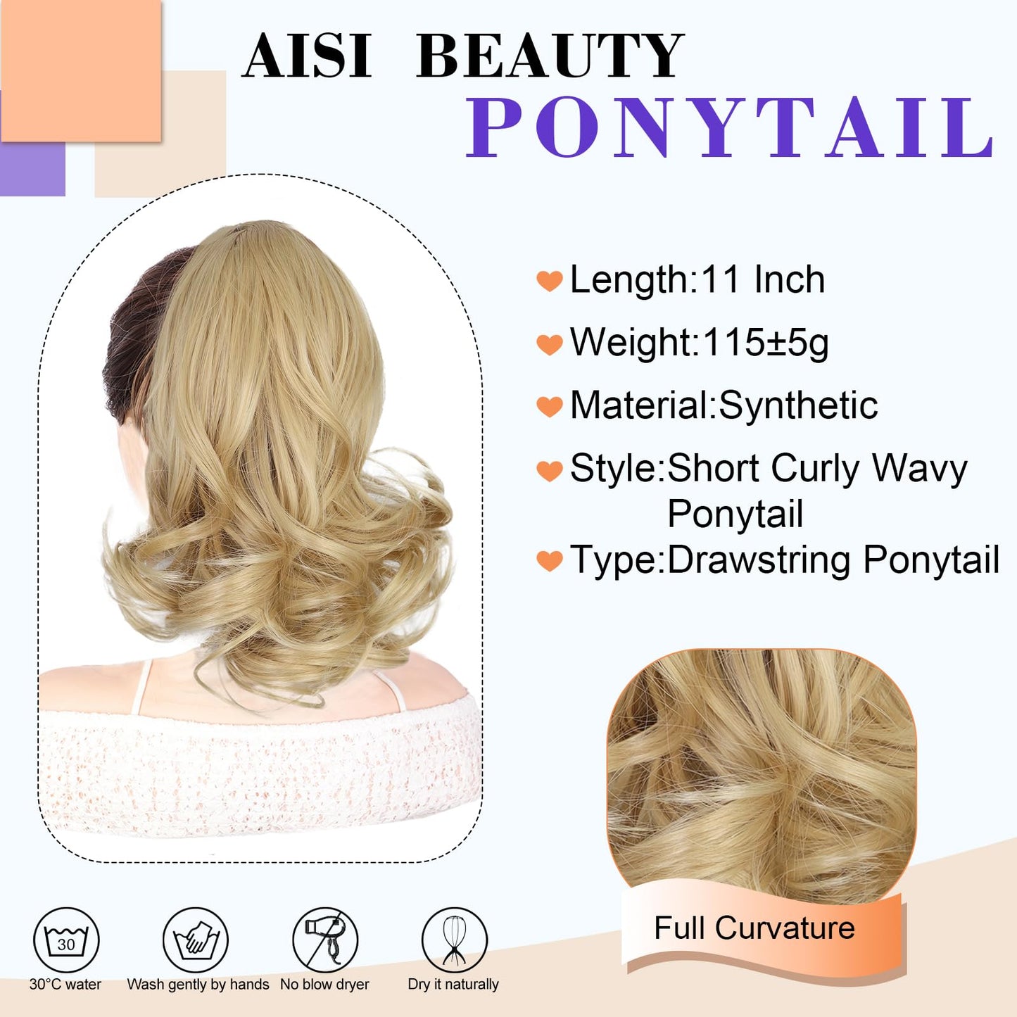 AISI BEAUTY Blonde Ponytail Extension Short Curly Wavy Drawstring Ponytail for Women Synthetic Pony Tail Hair Extensions(11 Inches)