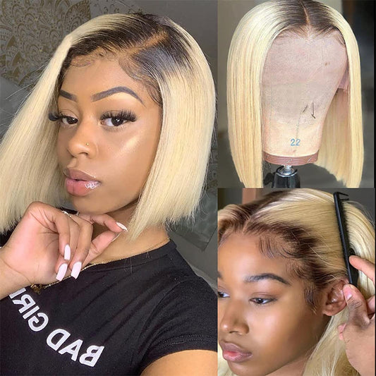 Ombre Blonde Bob Wigs 13x1x4 for Black Women Lace Front Wigs Human Hair Pre Plucked Lace Frontal Wig with Baby Hair (12 Inch, 1B/613 T-part)