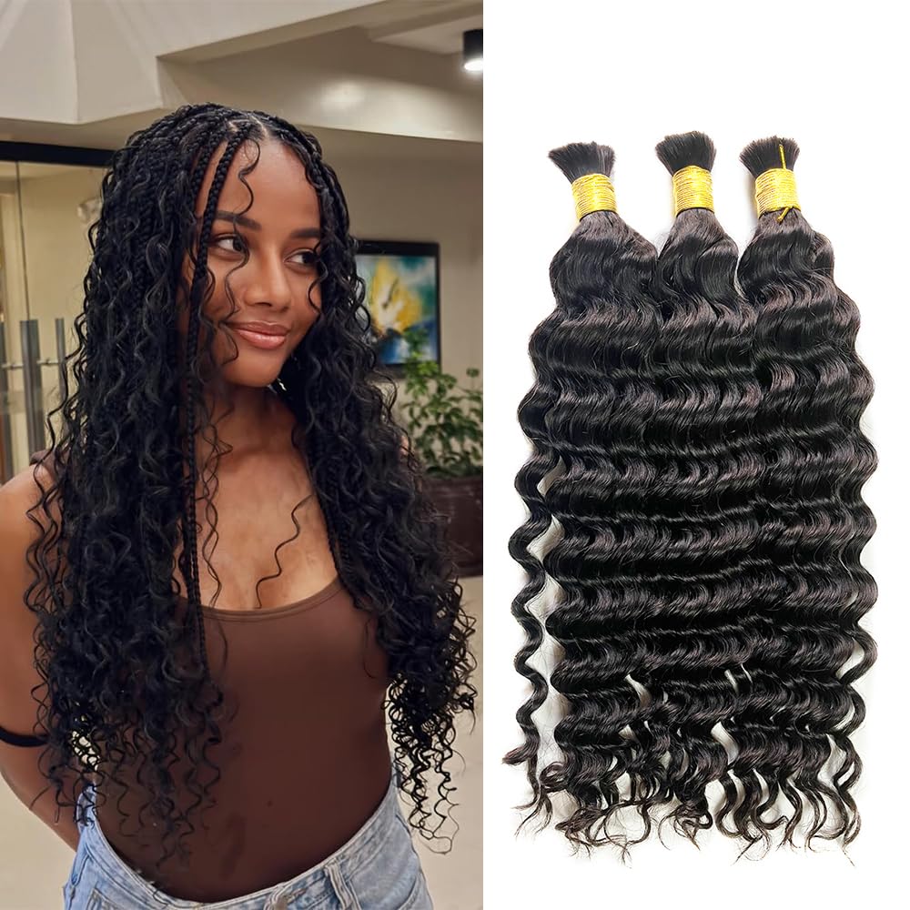 TIJRLGVBN Boho Knotless Braids Human Hair Micro Braids Extension Hair Deep Curly Human Bulk Hair 16 Inch 1pack (3bundles(300g) Natural Black Color