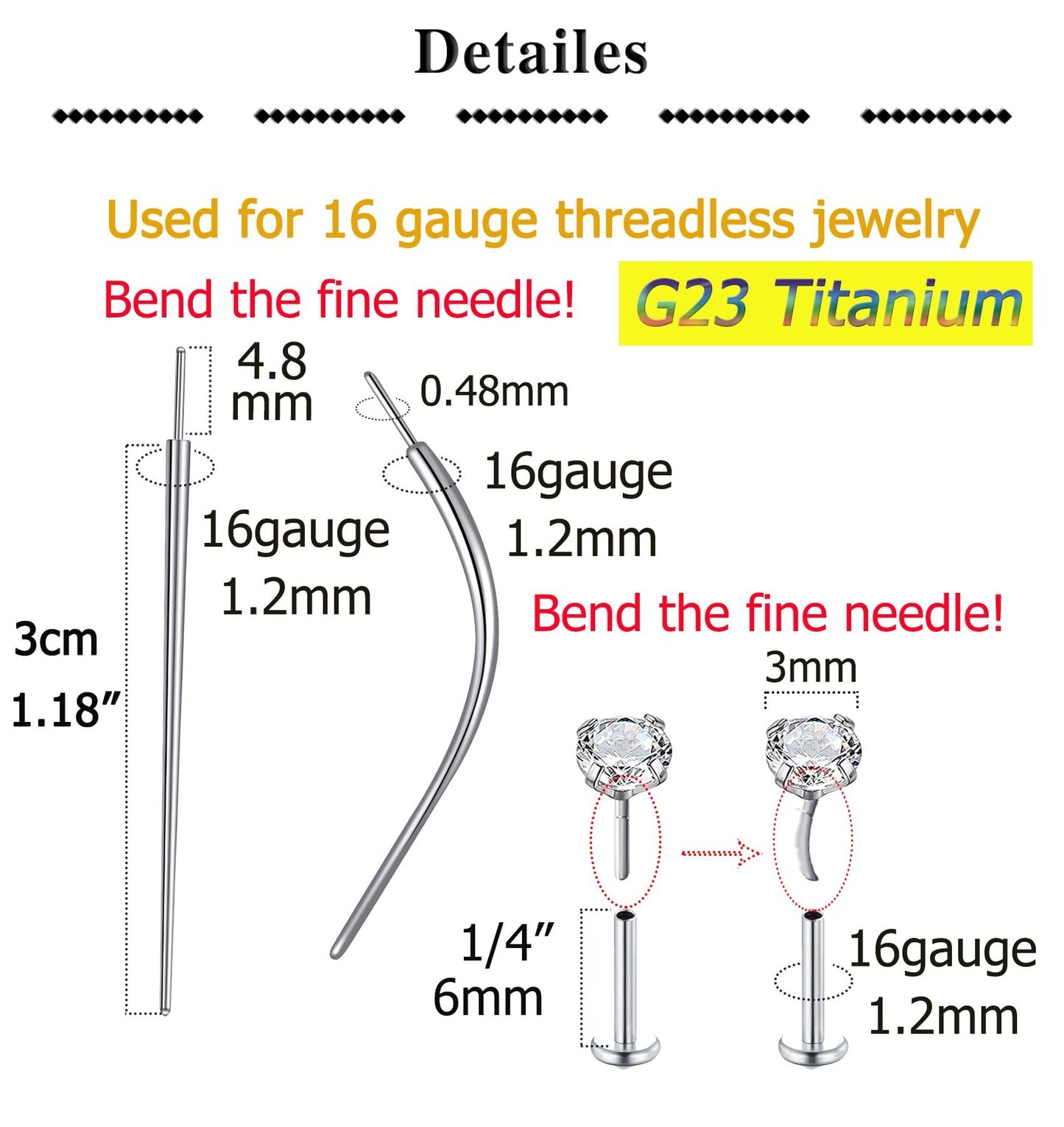QWALIT Piercing Taper Threadless Piercing Changing Tool Piercing Taper Insertion Tool Piercing Threader Tool Flat Back Earring Applicator Tool Threadless Labret Titanium Threadless Insertion Pin 16g