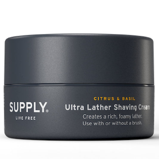 SUPPLY - Ultra Lather Shaving Cream - Citrus & Basil - Lathering, Men's Shaving Lather Cream - Hypoallergenic, Naturally Soothing Shave Lather, Protects Against Razor Burn and Irritation- 3.4 Oz Jar