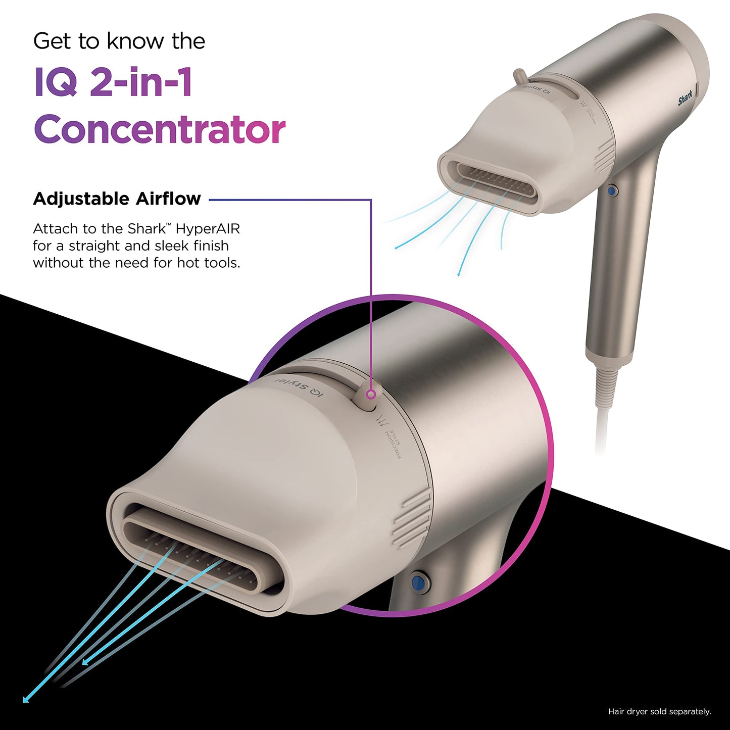Shark XSKHD121CA IQ 2-in-1 Concentrator, Auto Preset Attachment Nozzle for HyperAIR Blow Dryers, Styling Tool, for Straight, Wavy, and Curly Hair, Frizz-Free, Sleek and Smooth Blowout, Stone