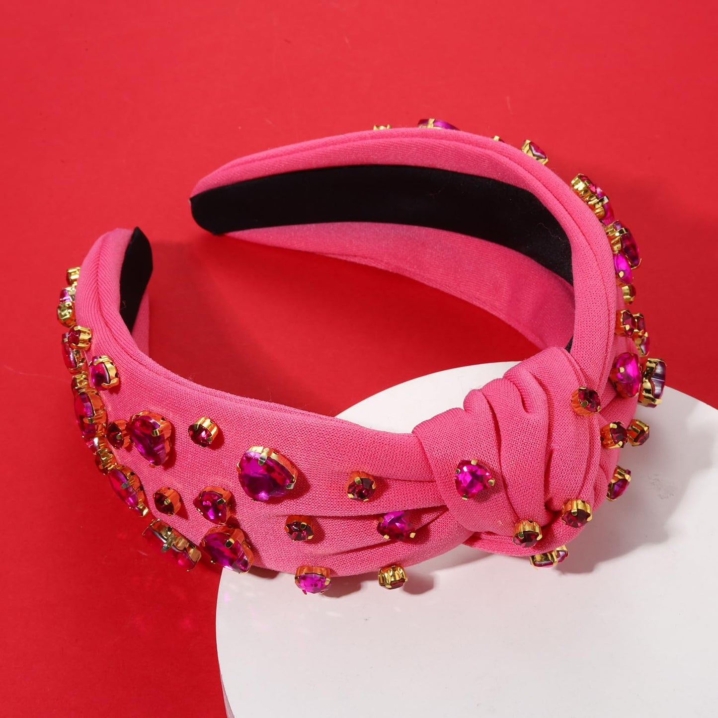 Valentine’s Day Heart Headbands for Women Valentine’s Day Accessories Jeweled Beaded Heart Knotted Headband Pink Red Rhinestone Wide Top Knot Headband Valentine Party Favors Gifts (Heart Headband 3)