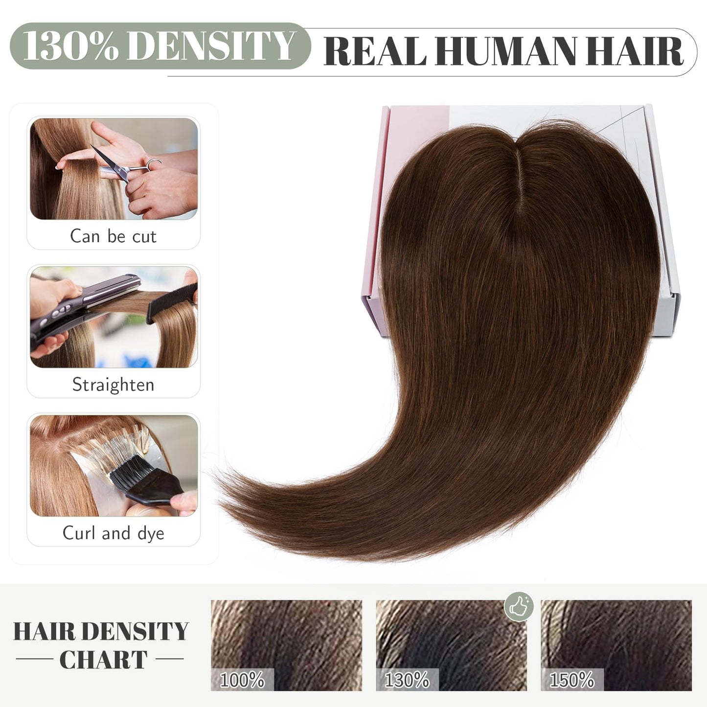 S-noilite Human Hair Toppers For Women 130% Density Hand Made Silk Base Clip in Topper Top Hair Pieces with Thinning Hair/Hair Loss Cover Gray Hair 14Inch 45g #4 Medium Brown